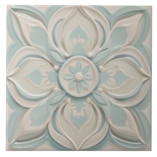 Faux Relief Pastel Mint Blue & White Floral Ceramic Tile (Front)
