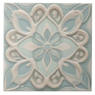 Faux Relief Pastel Mint Blue & White Floral Ceramic Tile