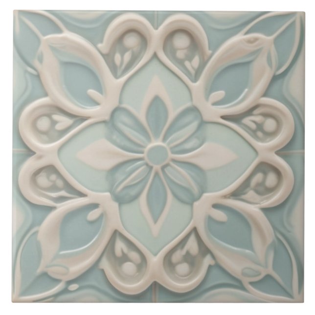 Faux Relief Pastel Mint Blue & White Floral Ceramic Tile (Front)