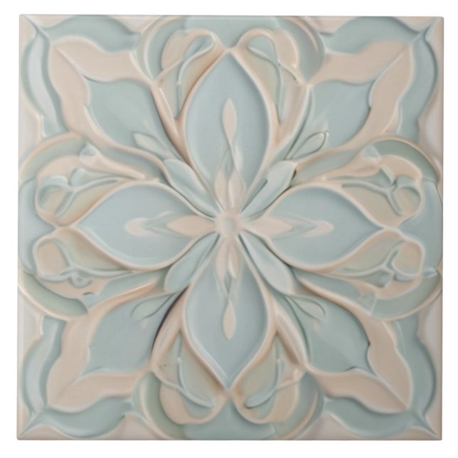 Faux Relief Pastel Mint Blue & White Floral Ceramic Tile (Front)