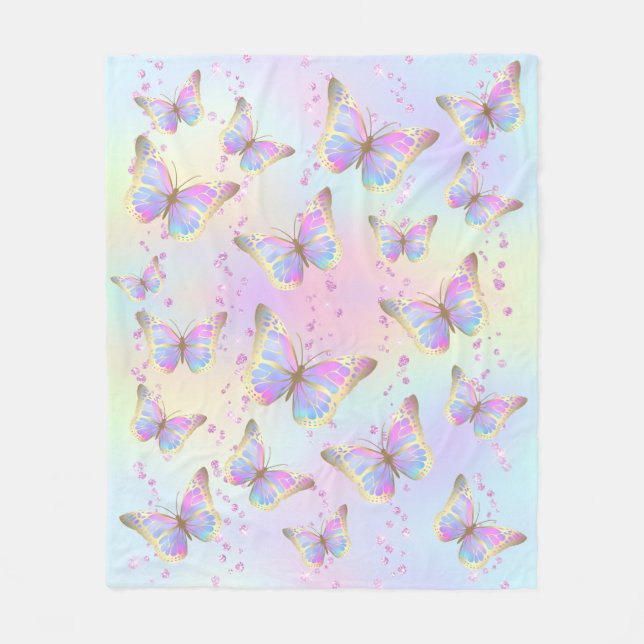 faux rhinestones pastel butterflies fleece blanket (Front)