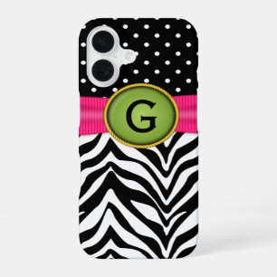 Faux Ribbon Jewel Zebra Dot Pattern Monogram iPhone 16 Case