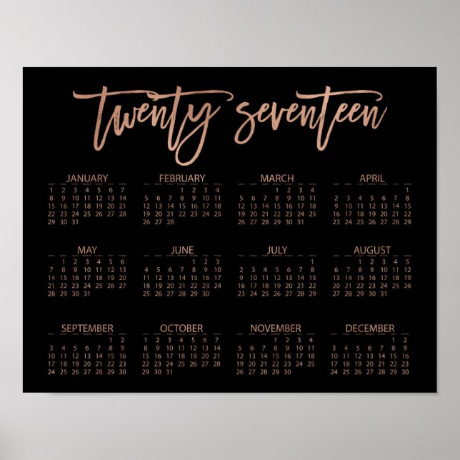 Faux Rose Gold and Black Modern 2017 Calendar Poster (Front)