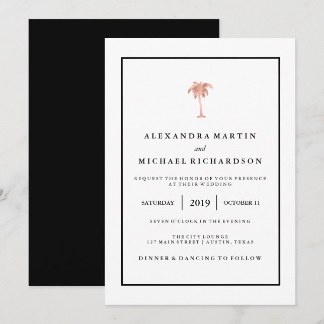 Faux Rose Gold and Black Palm Tree | Glam Wedding Invitation (Front/Back)