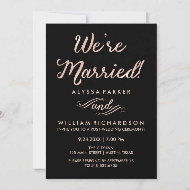 Faux Rose Gold and Black Post Wedding Ceremony Invitation (Front)