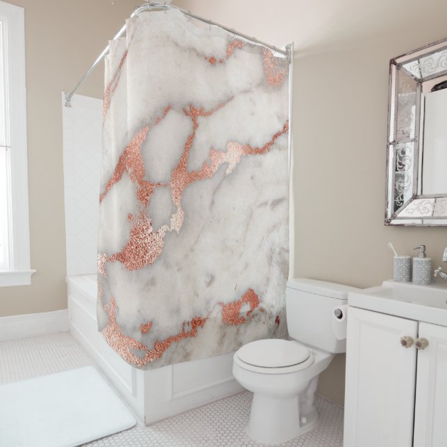 faux rose gold and grey marble stone shower curtain (In Situ)