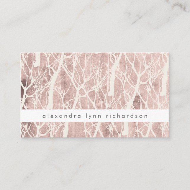 Faux Rose Gold and White Trendy Trees Pattern Business Card (Front)