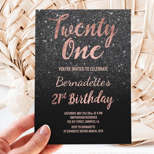 Faux rose gold black faux glitter 21st Birthday Invitation (Creator Uploaded)