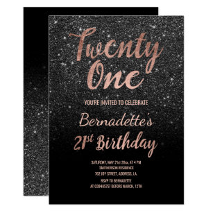 Faux rose gold black faux glitter 21st Birthday Invitation