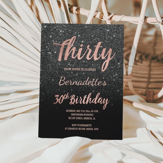 Faux rose gold black glitter 30th Birthday Invitation (Creator Uploaded)