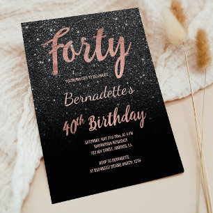 Faux rose gold black glitter 40th Birthday Invitation
