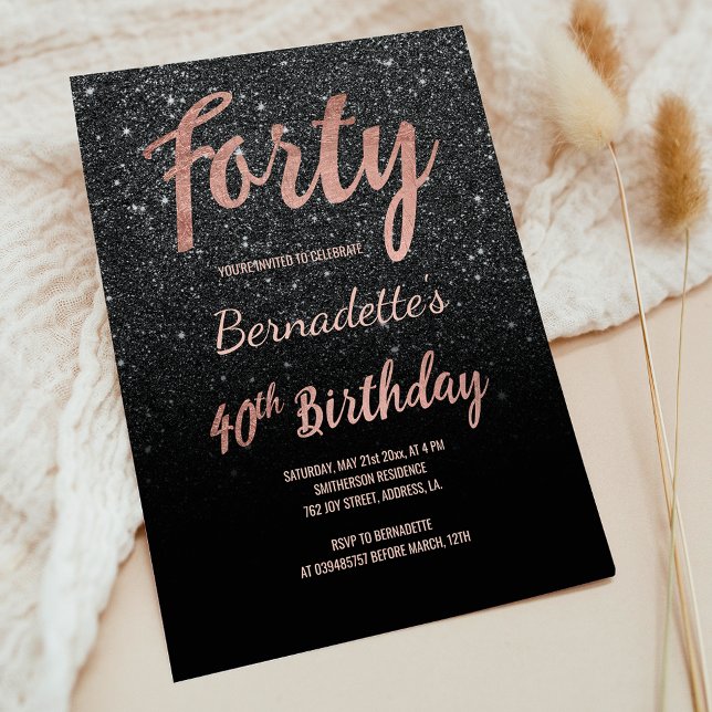 Faux rose gold black glitter 40th Birthday Invitation (Faux rose gold black glitter 40th Birthday Invitation)