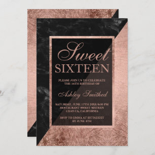 Faux rose gold black marble colour block Sweet 16 Invitation