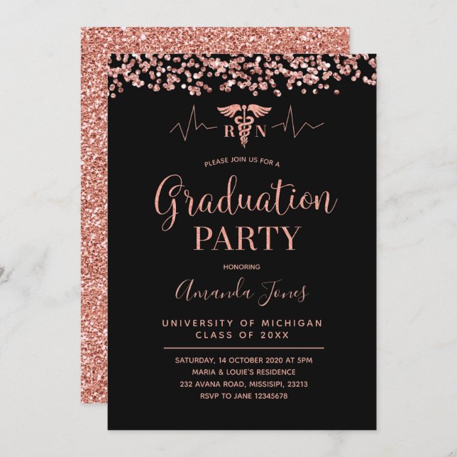 FAUX ROSE GOLD Black RN Nurse Graduation Party Invitation (Front/Back)