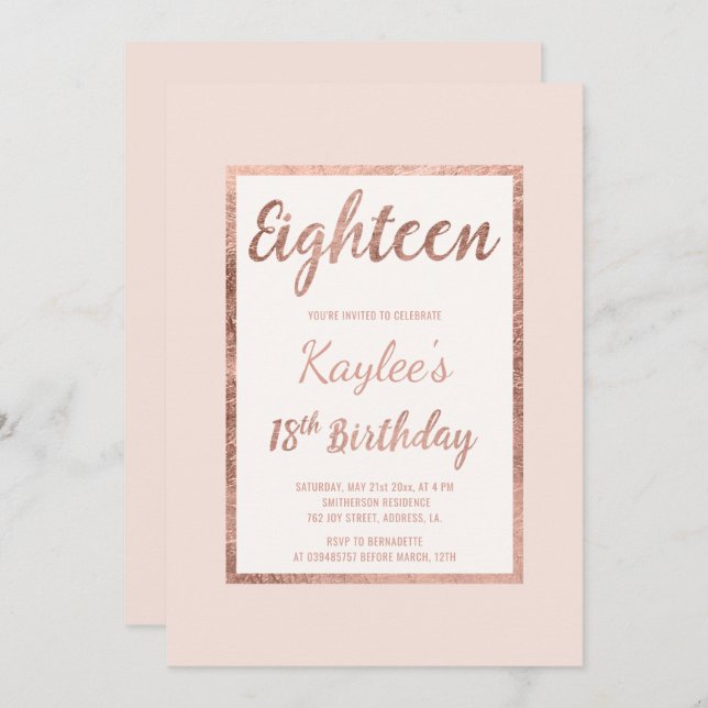 Faux rose gold blush pink elegant 18th Birthday Invitation (Front/Back)