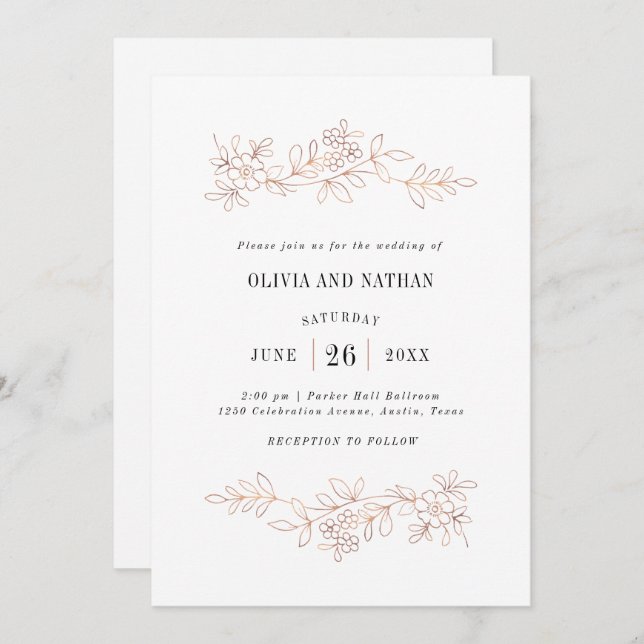 Faux Rose Gold Botanical Line Drawings | Wedding Invitation (Front/Back)