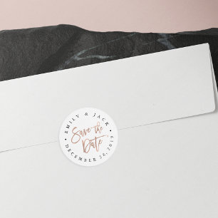 Faux Rose Gold Brush Lettered Save the Date Classic Round Sticker