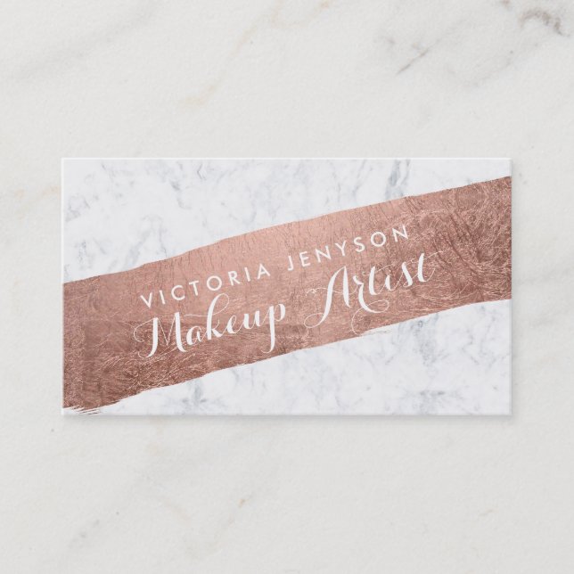 Faux rose gold brushstroke marble makeup artist business card (Front)
