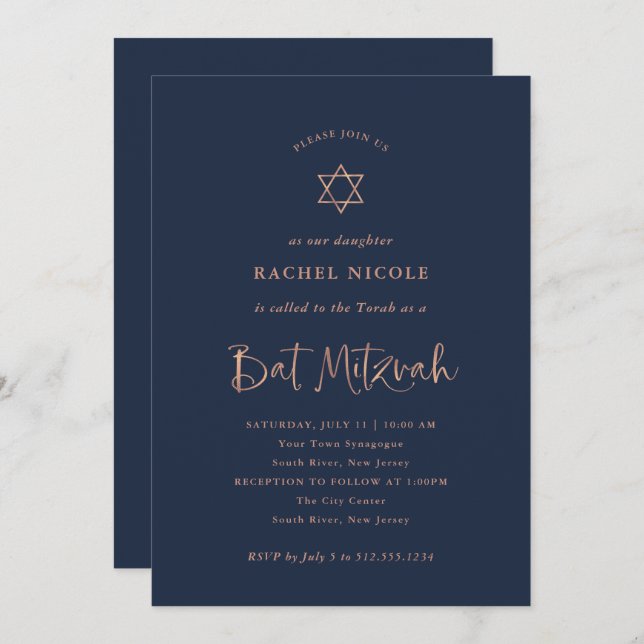 Faux Rose Gold Calligraphy on Navy | Bat Mitzvah Invitation (Front/Back)