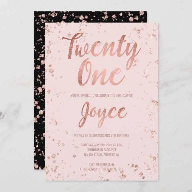 Faux rose gold confetti blush 21st Birthday name Invitation (Front/Back)