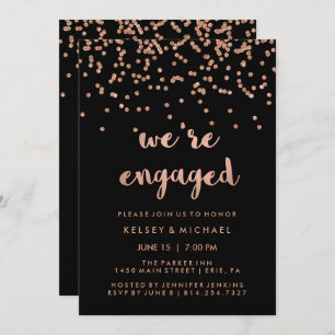 Faux Rose Gold Confetti on Black Engagement Party Invitation