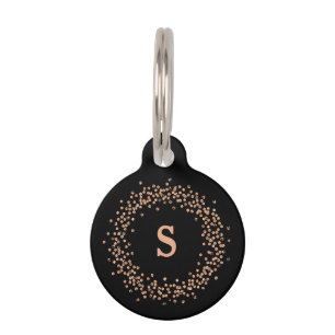 Faux Rose Gold Confetti on Black Monogram Pet Tag