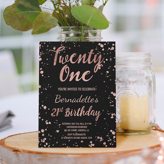 Faux rose gold confetti splatters 21st Birthday Invitation (Creator Uploaded)