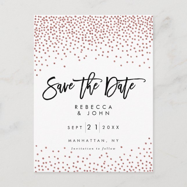 faux rose gold confetti wedding save the date card (Front)