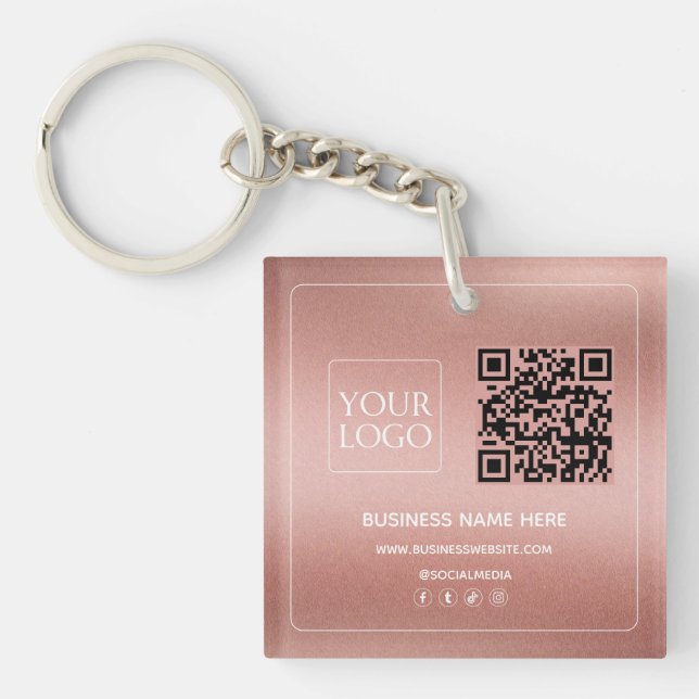 Faux Rose Gold | Custom QR Code Business Logo Key Ring (Front)
