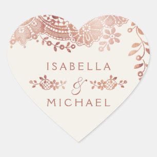 Faux rose gold elegant vintage lace wedding favour heart sticker