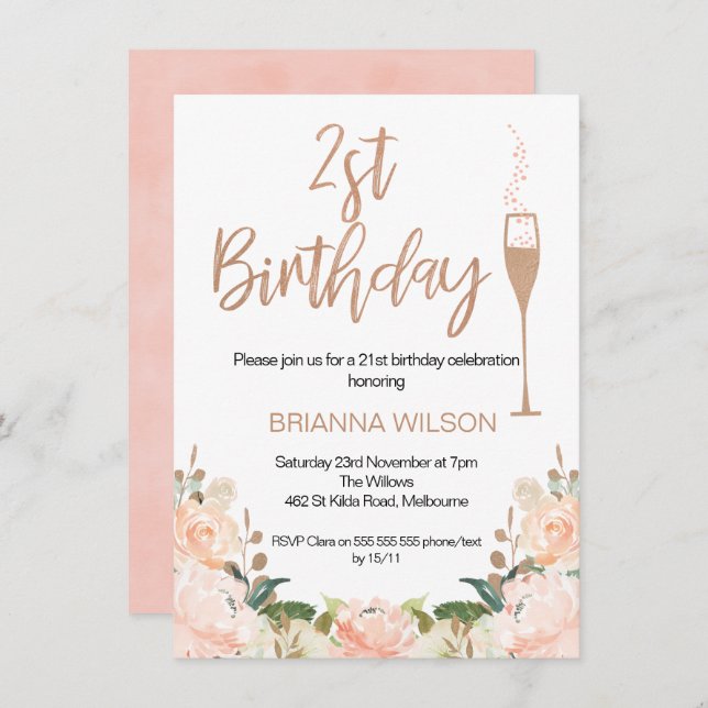 Faux Rose Gold Floral 21st Birthday Invitation (Front/Back)