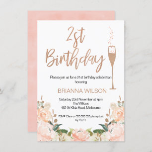 Faux Rose Gold Floral 21st Birthday Invitation