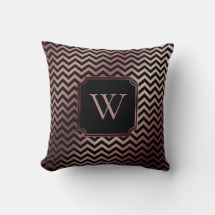 Faux Rose Gold Foil and Black Chevron w/ Monogram Cushion