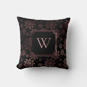 Faux Rose Gold Foil and Black Floral w/ Monogram Cushion