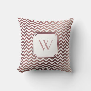 Faux Rose Gold Foil and White Chevron w/ Monogram Cushion