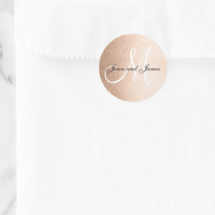 Faux Rose Gold Foil Black Wedding Favour Initial Classic Round Sticker