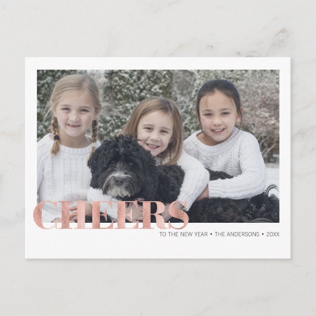 Faux Rose Gold Foil Cheers New Year's Photo Holiday Postcard (Front)