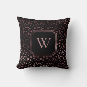 Faux Rose Gold Foil Circles w/ Monogram on Black Cushion