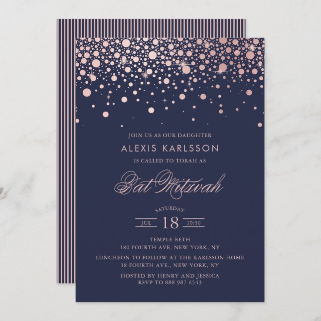 Faux Rose Gold Foil Confetti Blue Bat Mitzvah Invitation (Front/Back)
