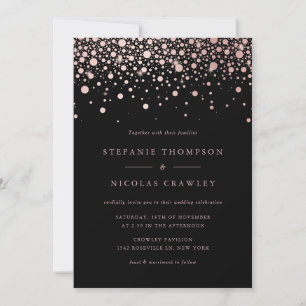 Faux Rose Gold Foil Confetti Dots Black Wedding Invitation