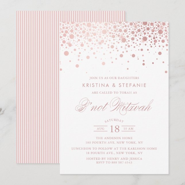 Faux Rose Gold Foil Confetti Dots B'not Mitzvah Invitation (Front/Back)