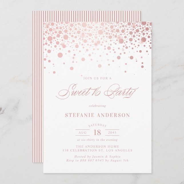 Faux Rose Gold Foil Confetti Dots Sweet 16 Party Invitation (Front/Back)