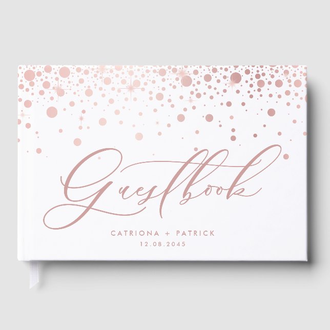 Faux Rose Gold Foil Confetti Dots Wedding Guest Book (Front)