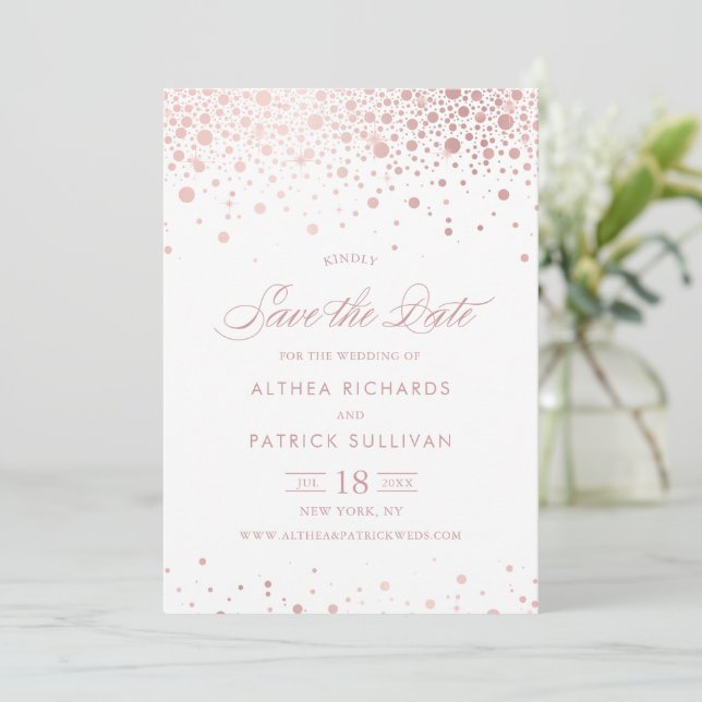 Faux Rose Gold Foil Confetti Dots Wedding Save The Date (Standing Front)
