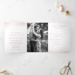 Faux Rose Gold Foil Confetti Dots White Wedding Tri-Fold Invitation