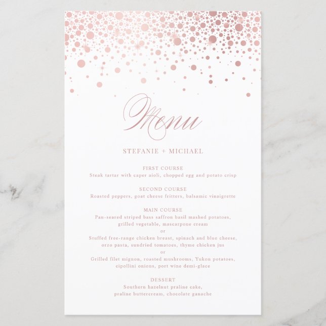 Faux Rose Gold Foil Confetti Wedding Menu Card (Front)