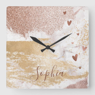 Faux Rose Gold Foil Glitter Brush Strokes Trendy Square Wall Clock