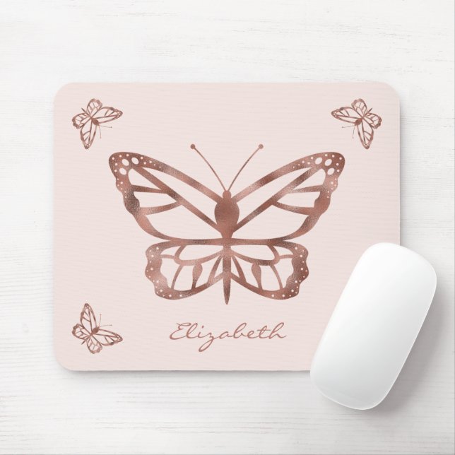 Faux Rose Gold Foil Look Butterflies & Custom Text Mouse Pad (With Mouse)