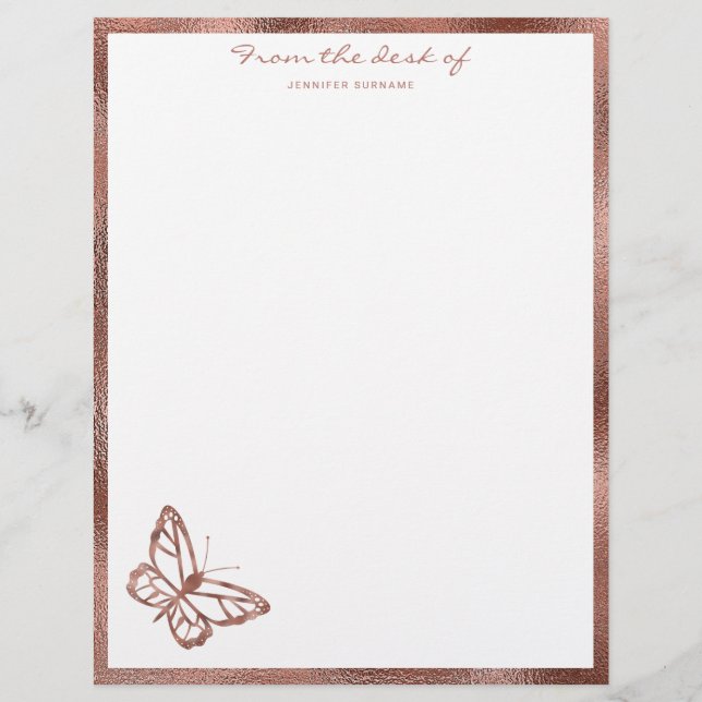Faux Rose Gold Foil Look Butterfly & Custom Text Letterhead (Front)