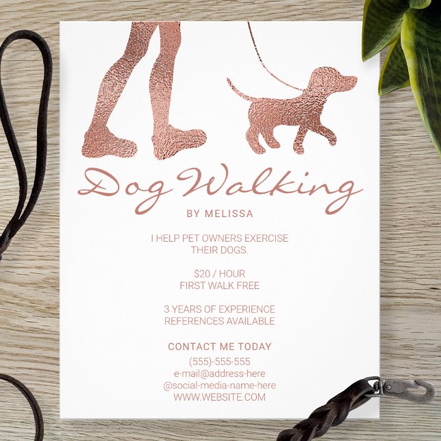 Faux Rose Gold Foil Look Dog Walker & Dog Flyer (Creator Uploaded)